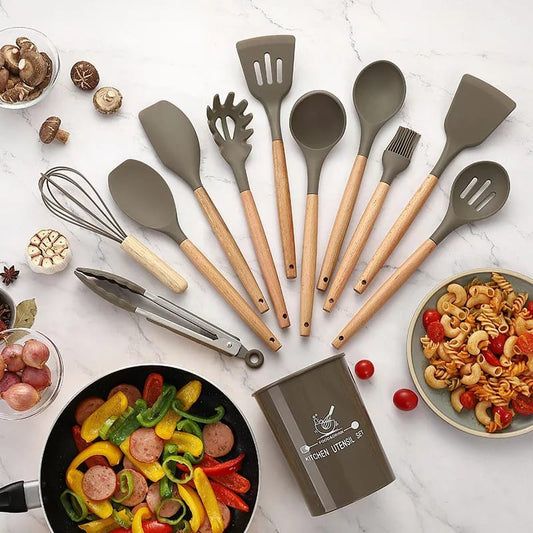 12 Pcs Silicone Cooking Utensils Kitchen Utensil Set | Heat Resistant Kitchen Non toxic Spatula Set with Turner Tongs,Spoon,Brush,Whisk-Wooden Handle - Random Color
