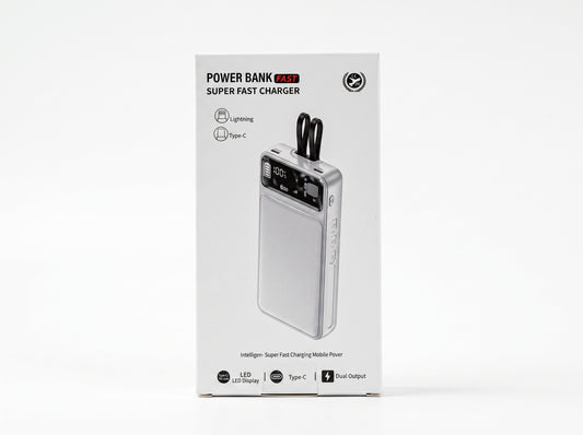 66W Fast Charging 20,000mAh Power Bank with Built-In Cables – White