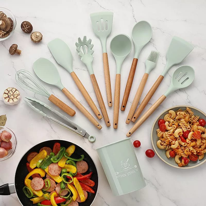12 Pcs Silicone Cooking Utensils Kitchen Utensil Set | Heat Resistant Kitchen Non toxic Spatula Set with Turner Tongs,Spoon,Brush,Whisk-Wooden Handle - Random Color