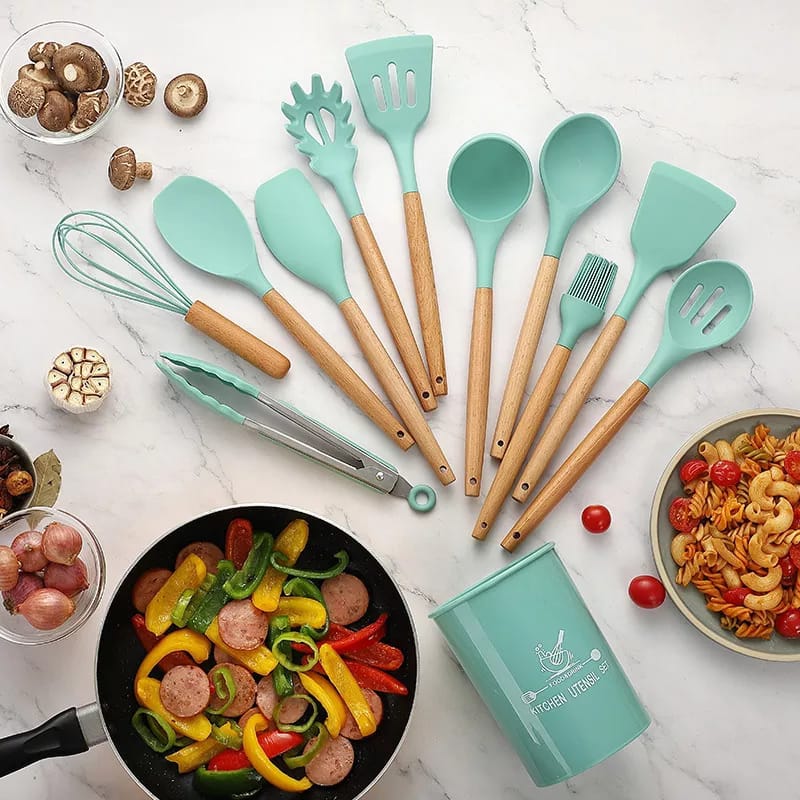 12 Pcs Silicone Cooking Utensils Kitchen Utensil Set | Heat Resistant Kitchen Non toxic Spatula Set with Turner Tongs,Spoon,Brush,Whisk-Wooden Handle - Random Color