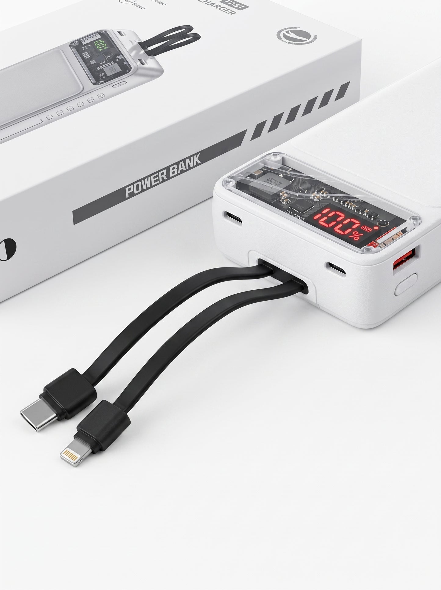66W Fast Charging 20,000mAh Power Bank with Built-In Cables – White