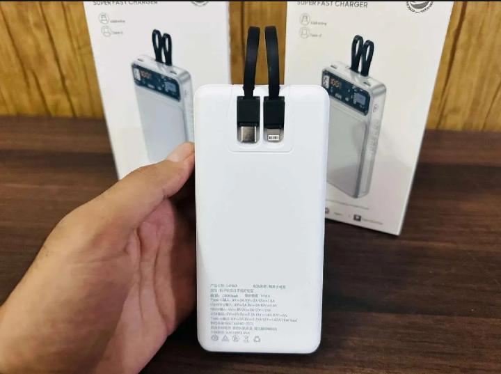 66W Fast Charging 20,000mAh Power Bank with Built-In Cables – White