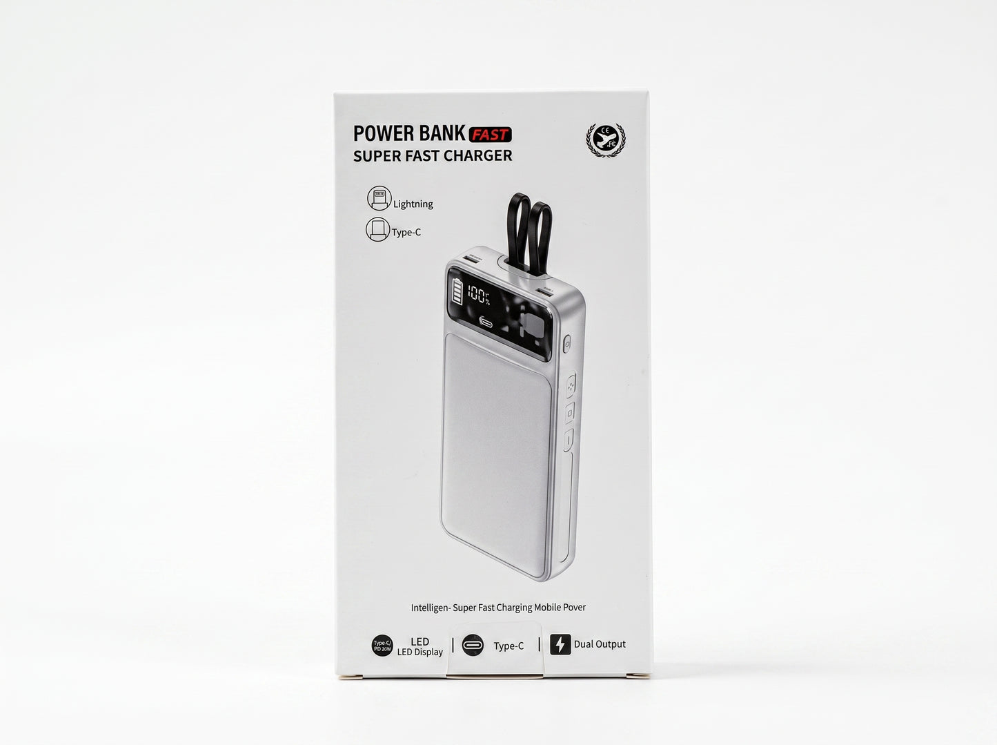 66W Fast Charging 20,000mAh Power Bank with Built-In Cables – White