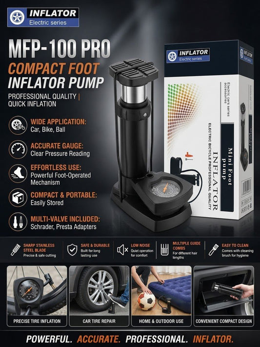 MFP-100 PRO Foot Inflator Pump with Pressure Gauge – Multi-Valve Air Pump for Cars, Bikes & Balls