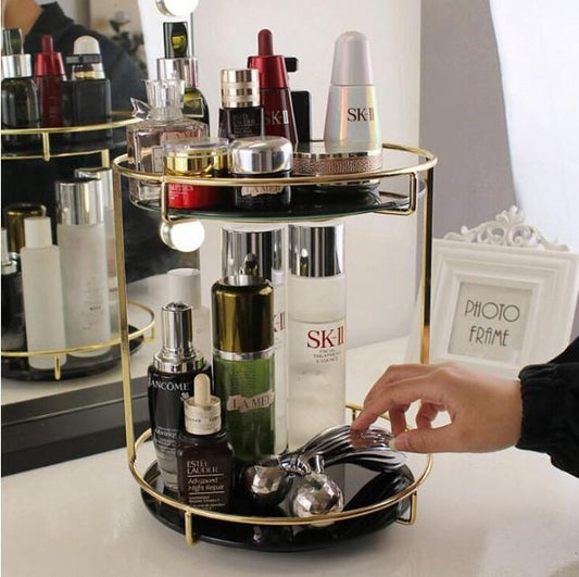 Double Layered Cosmetic Organizer Black Glass Metal